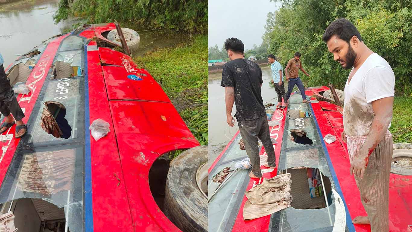 নিয়ন্ত্রণ হারিয়ে পুকুরে বাস, গণঅধিকারের নেতা ফারুকসহ আহত অনেকে