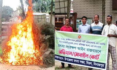 বিরলে ৩ লাখ টাকার নিষিদ্ধ চায়না দুয়ারী জাল জব্দ ও ধ্বংস