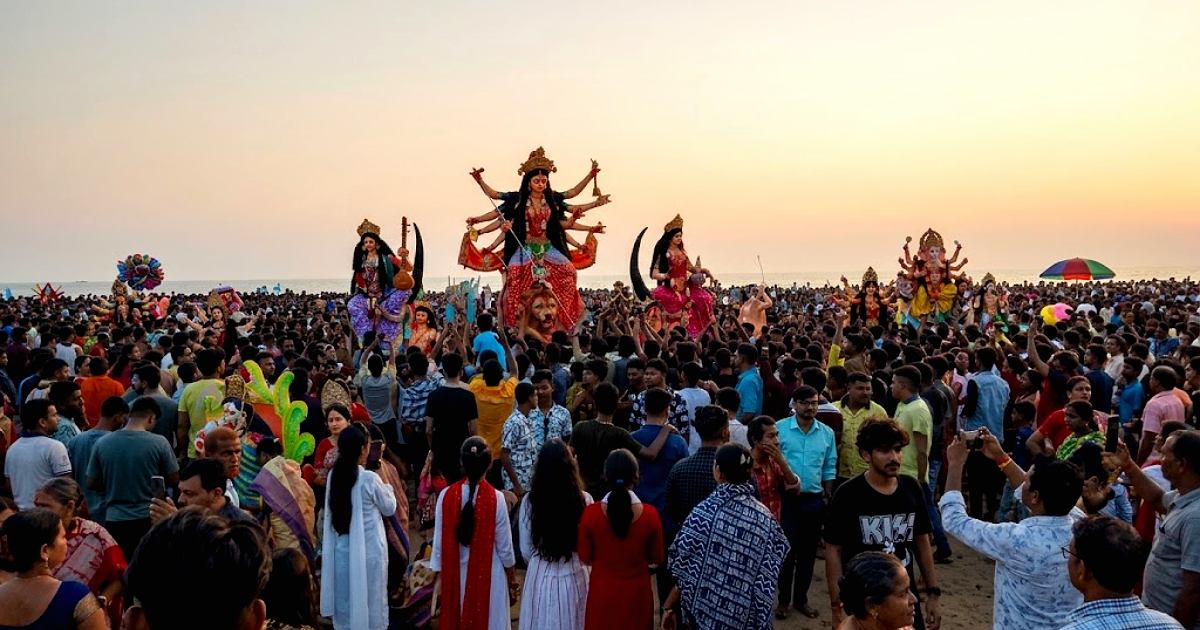 কক্সবাজার সমুদ্র সৈকতে প্রতিমা বিসর্জনে নামল আড়াই লাখ মানুষের ঢল