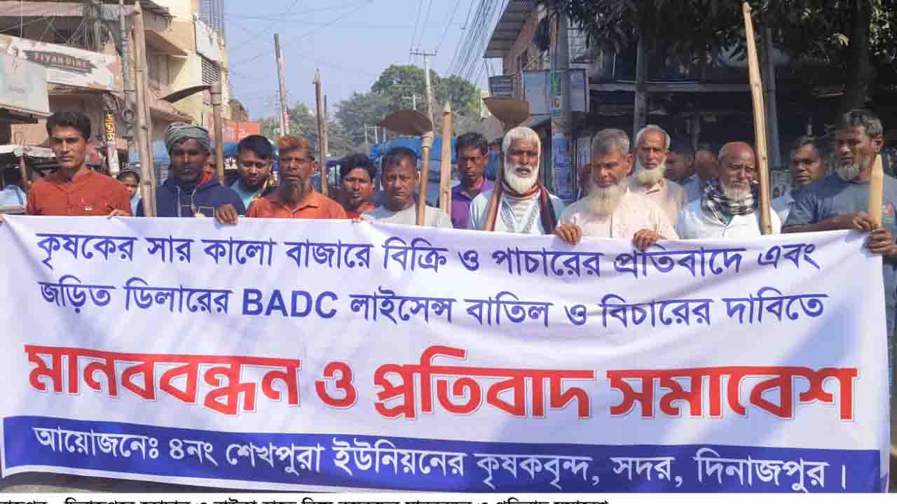 সার পাচারের প্রতিবাদে দিনাজপুরে কোদাল ও বাউকা হাতে কৃষকদের বিক্ষোভ